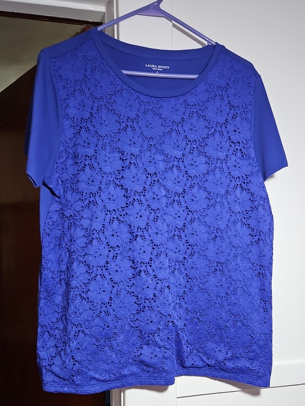 Laura Scott Royal Blue Floral Lace Front Short Sleeve Blouse Top Size Large EUC